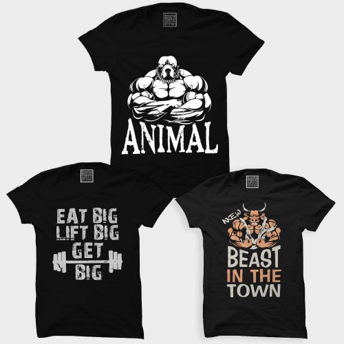 Animal Beast + New Beast In The Town + Eat Big Lift Big Workout Motivational " Large Size " T-shirt Combo