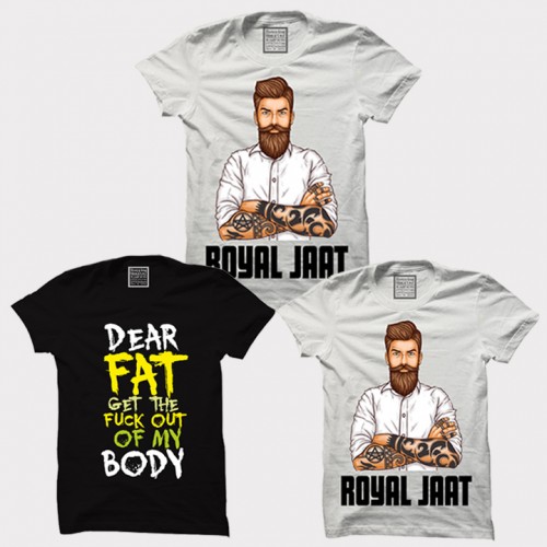 Royal Jaat  + Dear Fat + Royal Jaat  100% Cotton Round Neck " XL Size " Haryanvi Combo Tees