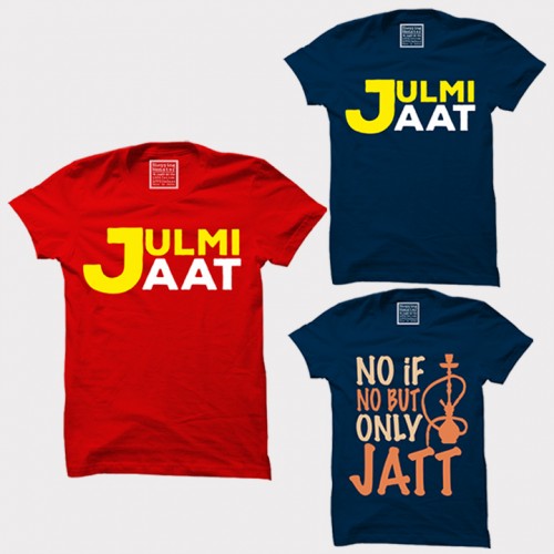 No If NO But Only Jatt + Julmi Jaat + Julmi Jaat 100% Cotton Round Neck " XXL Size " Haryanvi Combo Tees