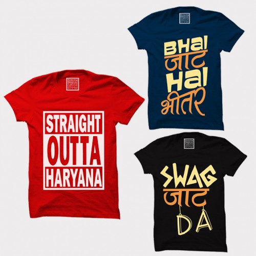 Bhai Jaat Hai Bhittar + Swag Jaat Da + Outta Haryana 100% Cotton Round Neck " Medium Size " Haryanvi Combo Tees