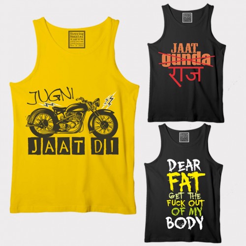 Jugni Jaat Di + Jaat Gunda Raaz + Dear Fat  100% Cotton " Medium Size " Haryanvi Combo Tank Top