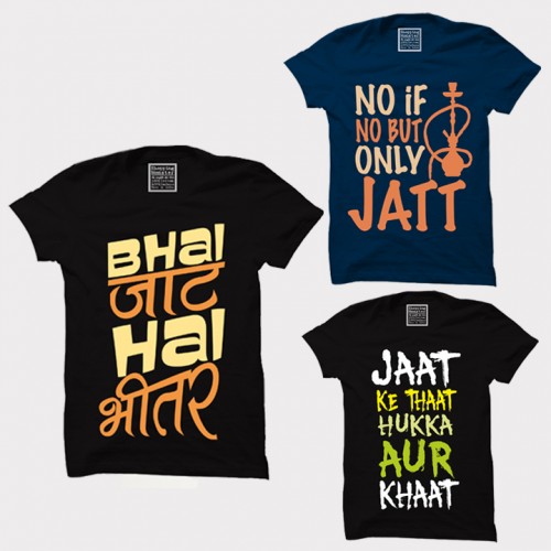 Bhai Jaat Hai Bhittar + No If NO But Only Jatt t + Jaat Ke thaat 100% Cotton Round Neck  " Large Size " Haryanvi Combo Tees